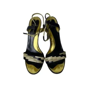Fendi Leather Colorblock Pattern Wedge Heel Sandals Closure at Ankle