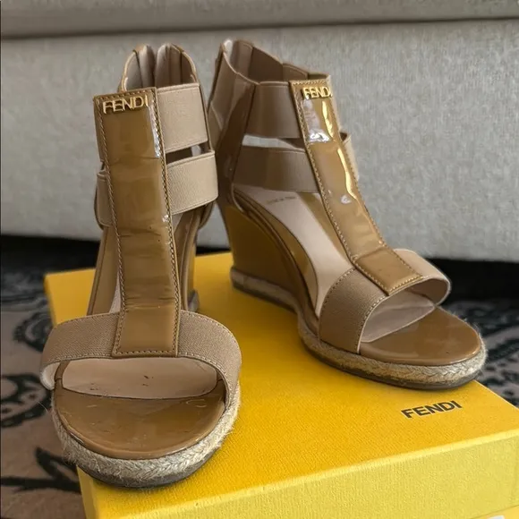 Fendi Women's Tan Wedge Sandals (Zeppa Vernice   Elastico)