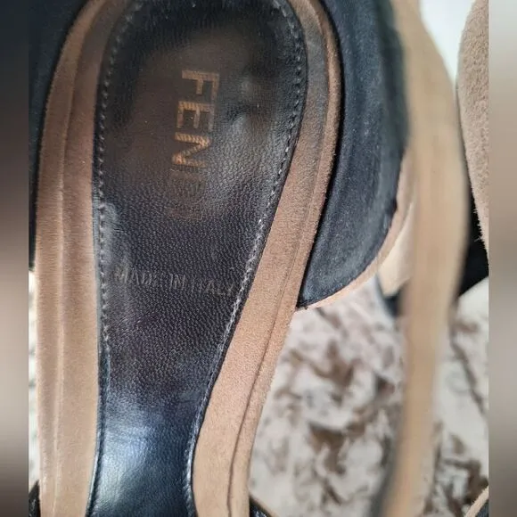 Fendi platform heel tan suede sandals size 38.5