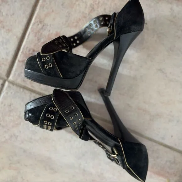 Fendi Stiletto heels Platform open toe sandals Grommet gold stud dress shoes y2k