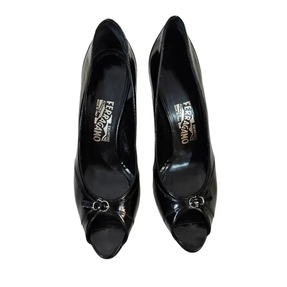 Ferragamo Black Leather Open Toed Heels