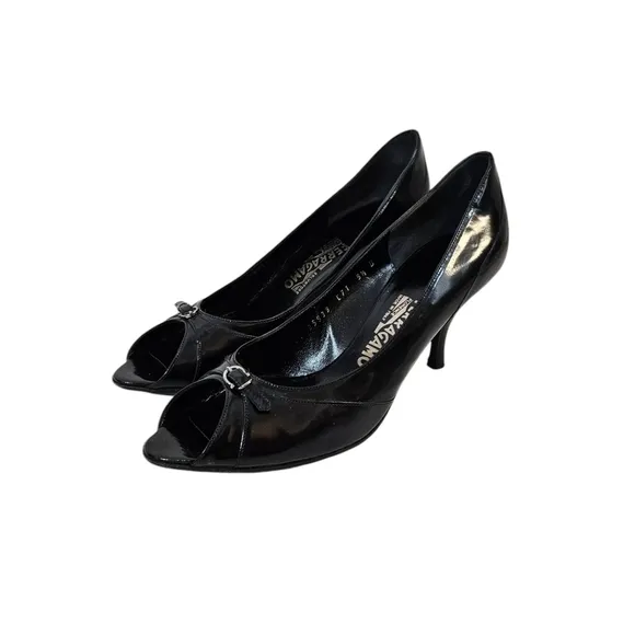 Ferragamo Black Leather Open Toed Heels