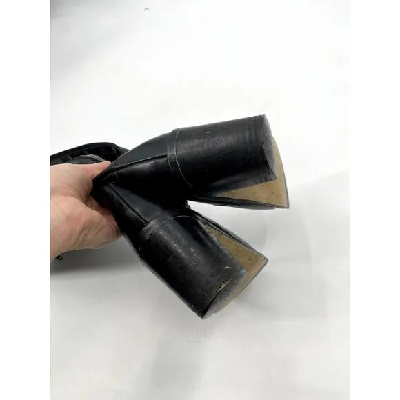 Flings Black Leather Vintage Block Heel Calf boots