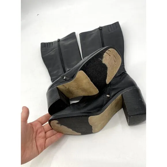 Flings Black Leather Vintage Block Heel Calf boots