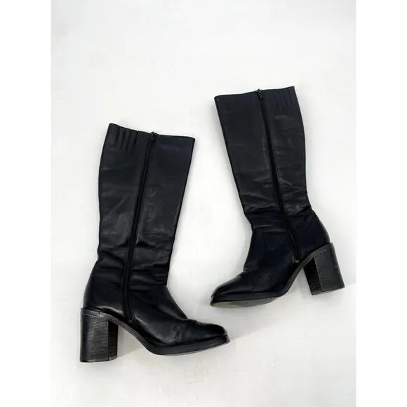 Flings Black Leather Vintage Block Heel Calf boots
