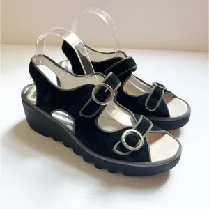 Fly London Bara Black Suede Wedge Sandals Sz 40