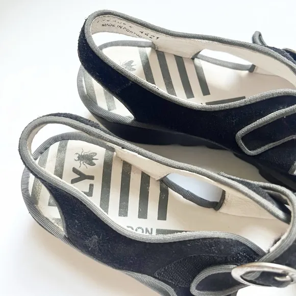 Fly London Bara Black Suede Wedge Sandals Sz 40