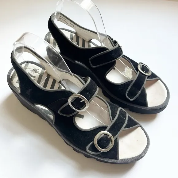 Fly London Bara Black Suede Wedge Sandals Sz 40