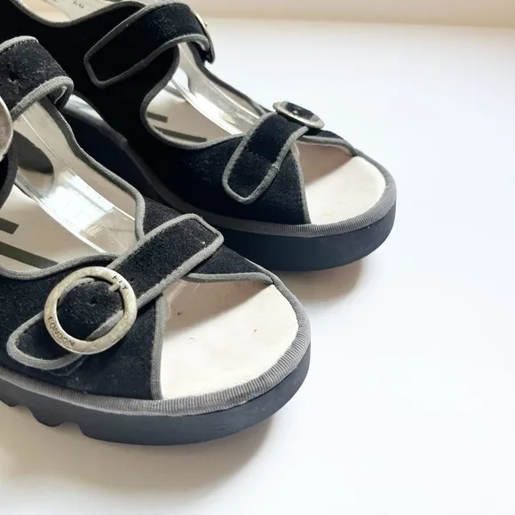 Fly London Bara Black Suede Wedge Sandals Sz 40