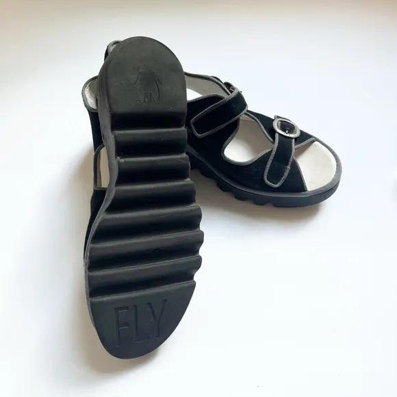 Fly London Bara Black Suede Wedge Sandals Sz 40