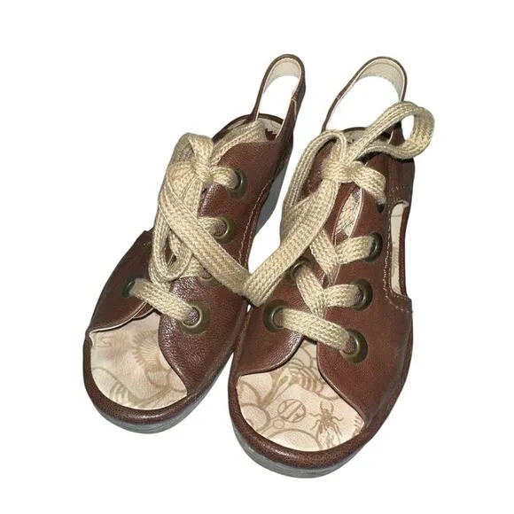 Fly London Brown Leather Lace-Up Peep Toe Wedge Sandals Size 9