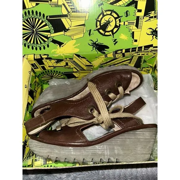Fly London Brown Leather Lace-Up Peep Toe Wedge Sandals Size 9