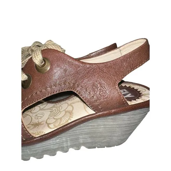 Fly London Brown Leather Lace-Up Peep Toe Wedge Sandals Size 9