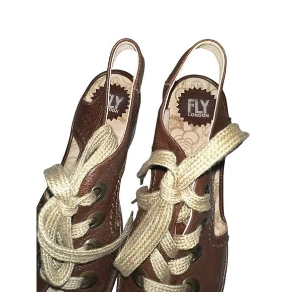 Fly London Brown Leather Lace-Up Peep Toe Wedge Sandals Size 9
