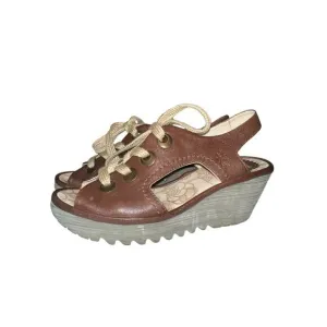 Fly London Brown Leather Lace-Up Peep Toe Wedge Sandals Size 9
