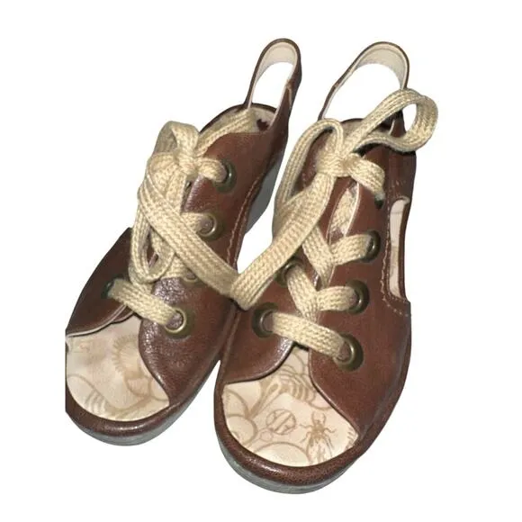 Fly London Brown Leather Lace-Up Peep Toe Wedge Sandals Size 9