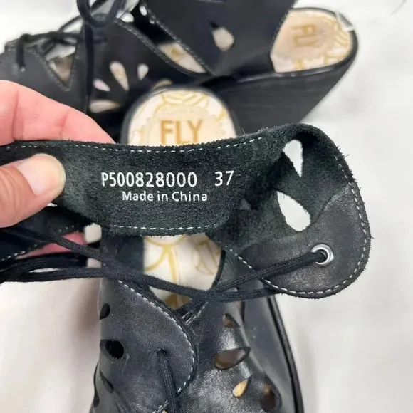 Fly London EXON871FLY Size 37 Black Leather Lace Up Wedge Sandals