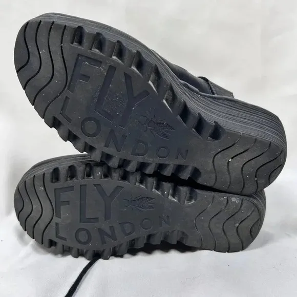 Fly London EXON871FLY Size 37 Black Leather Lace Up Wedge Sandals