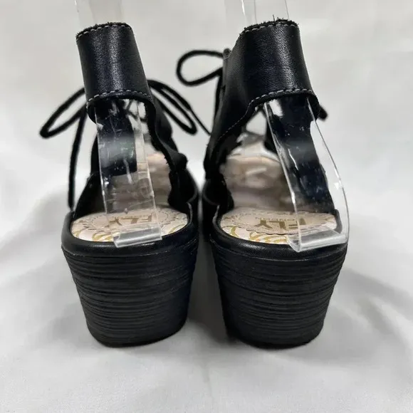 Fly London EXON871FLY Size 37 Black Leather Lace Up Wedge Sandals