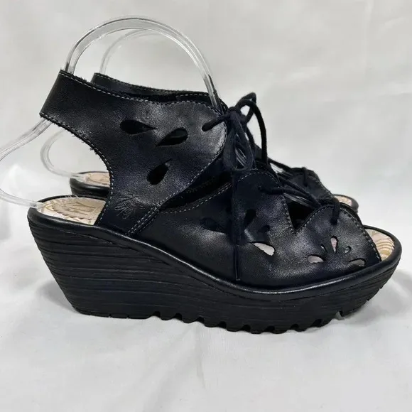 Fly London EXON871FLY Size 37 Black Leather Lace Up Wedge Sandals