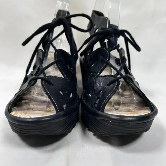 Fly London EXON871FLY Size 37 Black Leather Lace Up Wedge Sandals