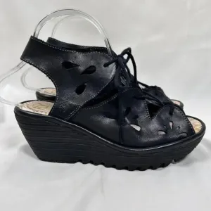 Fly London EXON871FLY Size 37 Black Leather Lace Up Wedge Sandals
