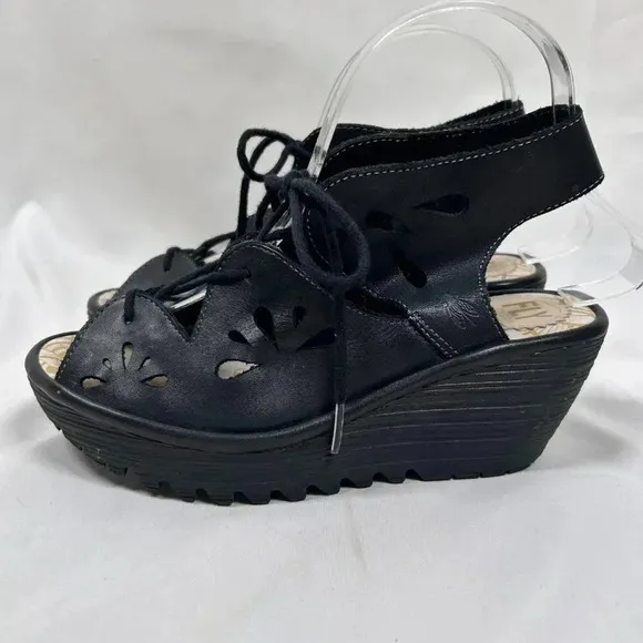 Fly London EXON871FLY Size 37 Black Leather Lace Up Wedge Sandals