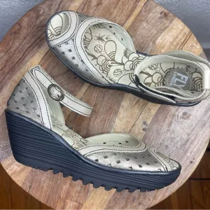 Fly London l 6.5US 37 Ydel Perforated Leather Ankle Strap Open Toe Wedge Sandals