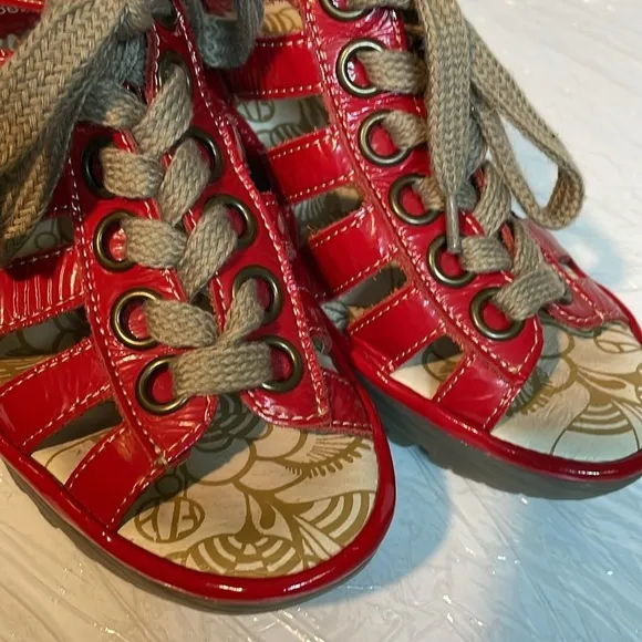 Fly London Red Patent Leather Lace Up Wedges Sandals