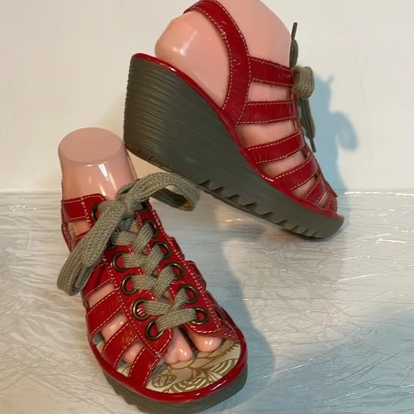 Fly London Red Patent Leather Lace Up Wedges Sandals