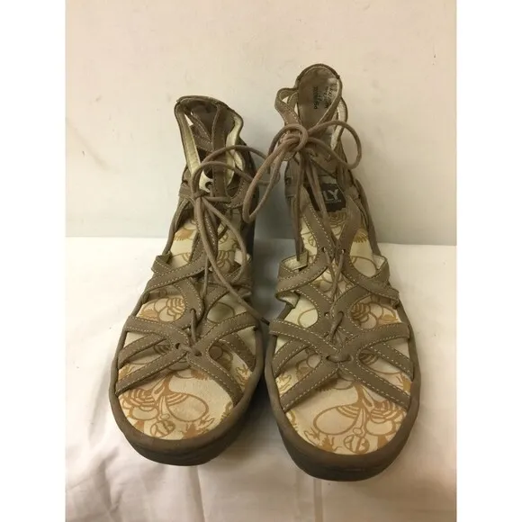 Fly London Wedge light brown suede upper lace up Women Sandals size EUR 41
