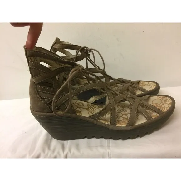 Fly London Wedge light brown suede upper lace up Women Sandals size EUR 41