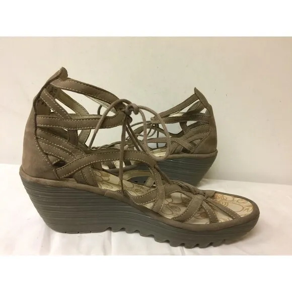 Fly London Wedge light brown suede upper lace up Women Sandals size EUR 41