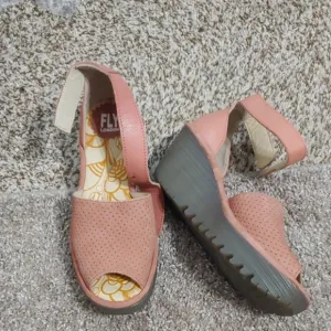 Fly London Women's Rose Pink Wedge Sandals Perforated Leather, Size 36