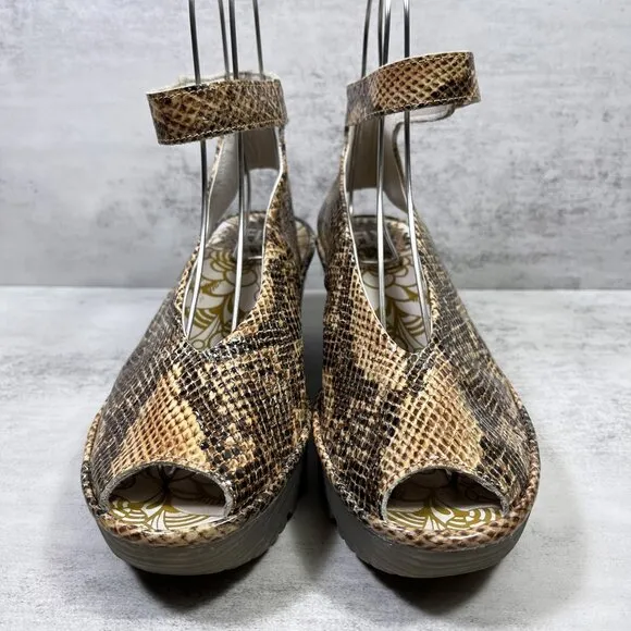 Fly London Yala Snake Print Wedge Sandals - Women's Size EU 37 / US 6-6.5 - Tan