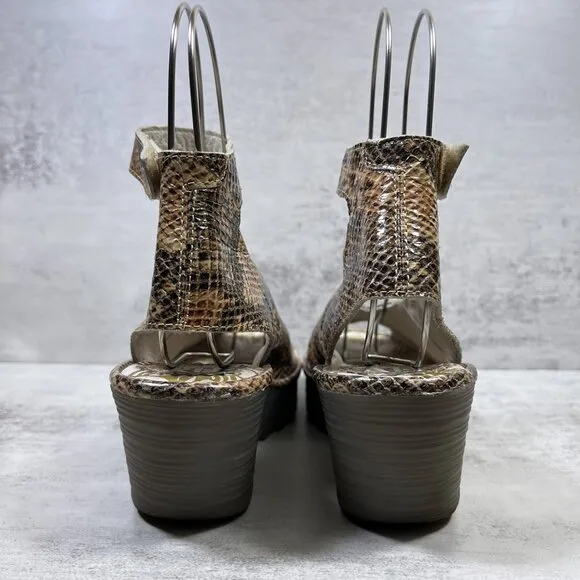Fly London Yala Snake Print Wedge Sandals - Women's Size EU 37 / US 6-6.5 - Tan