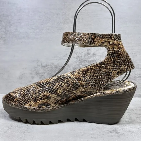 Fly London Yala Snake Print Wedge Sandals - Women's Size EU 37 / US 6-6.5 - Tan