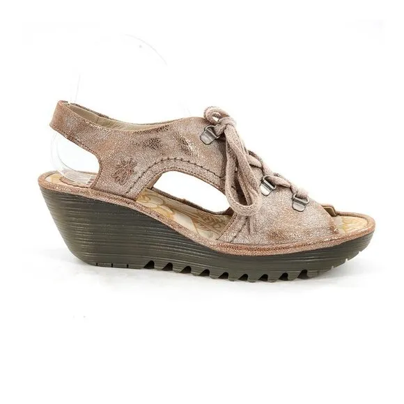 FLY LONDON Yifa NEW Peep Toe Leather Lace Up Wedge Sandals