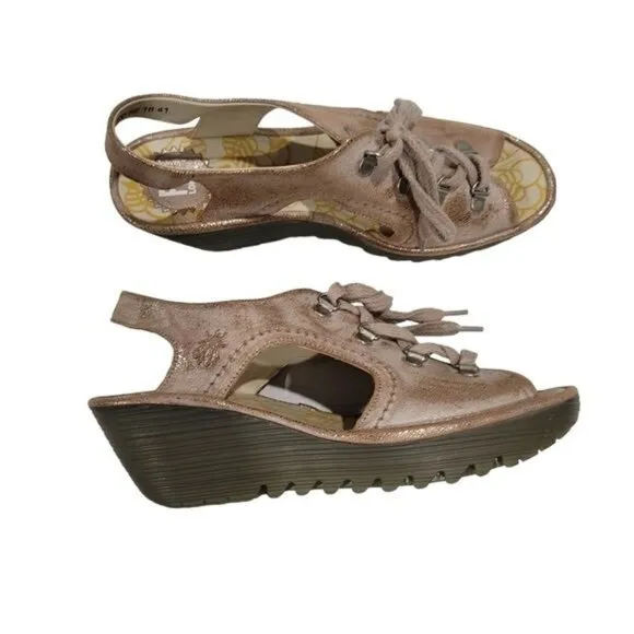 Fly London Ylfa Lace Up Leather Wedge Sandals Size 10