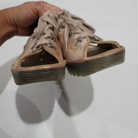 Fly London Ylfa Lace Up Leather Wedge Sandals Size 10