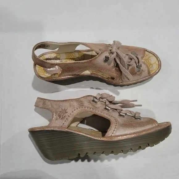 Fly London Ylfa Lace Up Leather Wedge Sandals Size 10