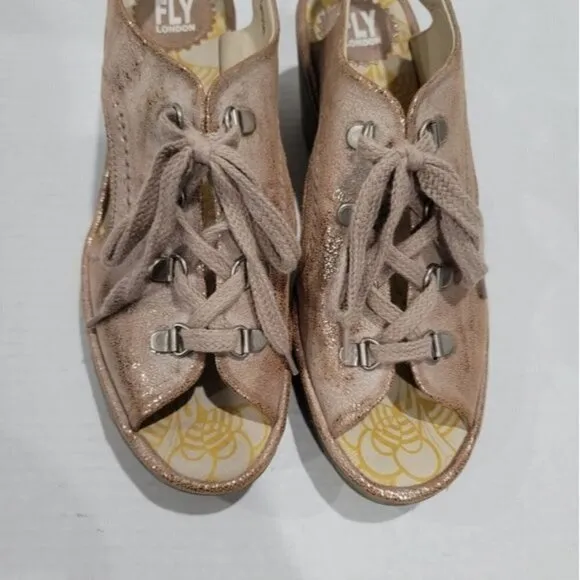 Fly London Ylfa Lace Up Leather Wedge Sandals Size 10