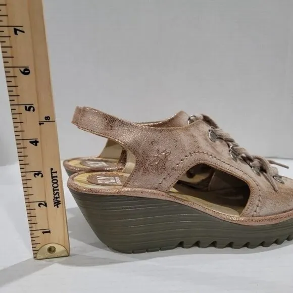 Fly London Ylfa Lace Up Leather Wedge Sandals Size 10