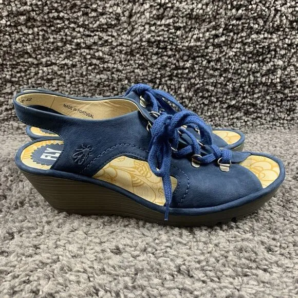 FLY LONDON Ylva Blue Suede Lace-Up Peeptoe Wedge Sandals Size 42 EU