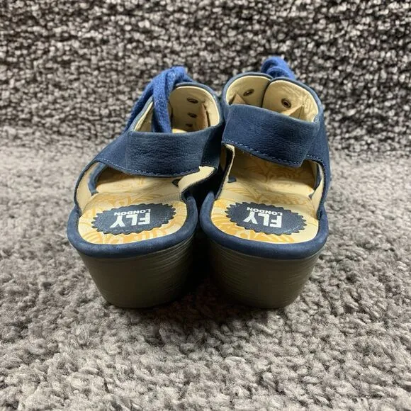 FLY LONDON Ylva Blue Suede Lace-Up Peeptoe Wedge Sandals Size 42 EU