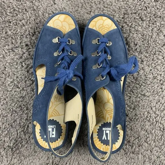 FLY LONDON Ylva Blue Suede Lace-Up Peeptoe Wedge Sandals Size 42 EU