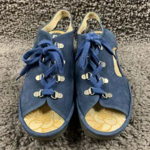 FLY LONDON Ylva Blue Suede Lace-Up Peeptoe Wedge Sandals Size 42 EU