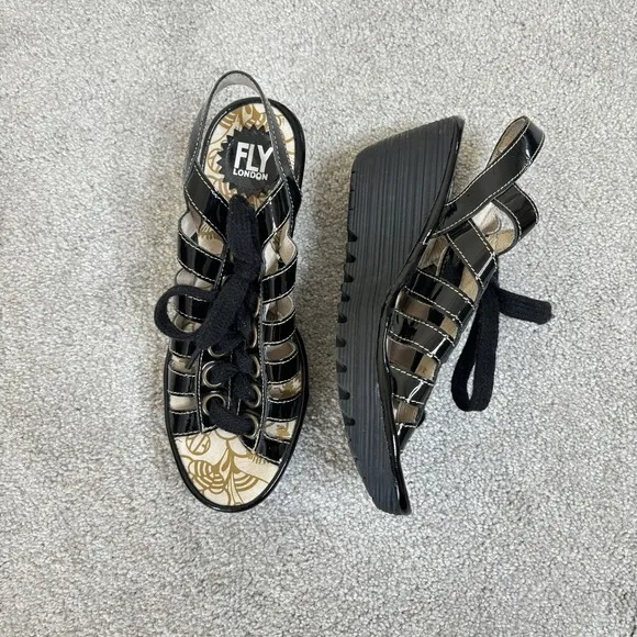 Fly London Yuta Womens Gladiator Shoes Black Patent Lace Up Wedge Sandal Sz 38