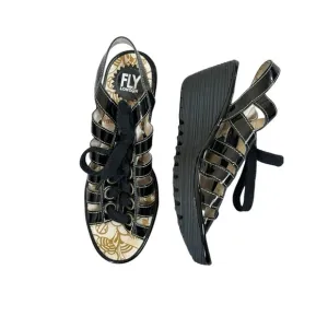 Fly London Yuta Womens Gladiator Shoes Black Patent Lace Up Wedge Sandal Sz 38