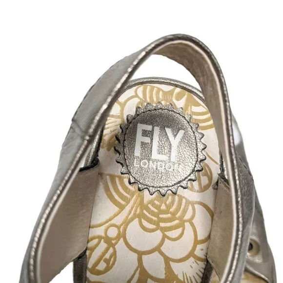 FLY LONDON Ylva Metallic Leather Wedge Sandals 38